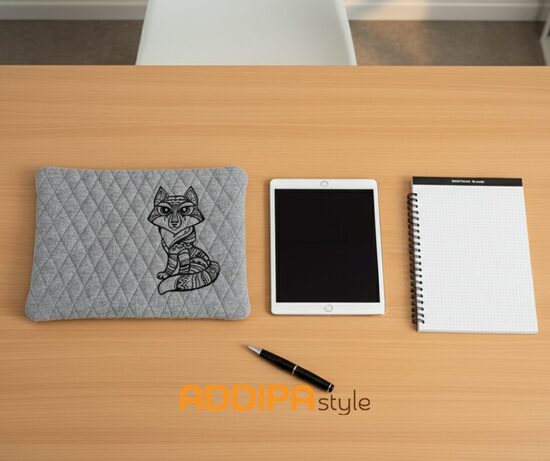 Pelēka, stepēta planšetdatora soma ar lapsas izšuvumu, somas izmērs -  33x25.5 cm